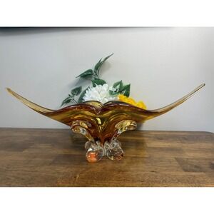 Vintage Murano-Style Amber Sommerso Art Glass Freeform Bowl Retro Styling Decor‎